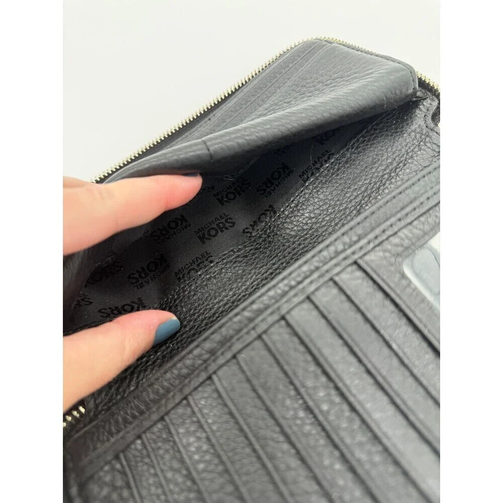 Michael Kors Jet Set Large Travel Continental Black Pebbled Leather Zip Wallet